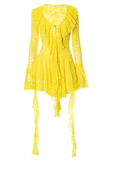 Jacquard Lace Flare Sleeve Ruffled Streamer A - Line Mini Dresses - Yellow