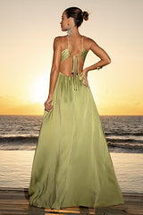 Cross Halter Neck Open Back A - Line Solid Color Maxi Dresses - Green