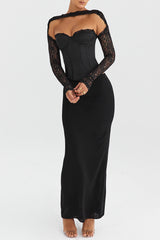 Lace Patchwork Long Sleeve Corset Slim Fit Maxi Skirt Matching Set - Black