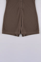Turndown Collar Button Short Sleeve Textured Plain Romper Playsuits