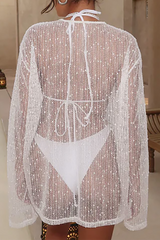 Knit Round Neck Long Sleeve Bikini Cover Ups Top - White