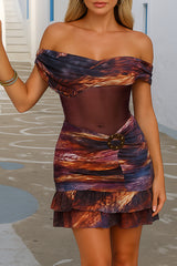 Off Shoulder Sheer Mesh Patchwork Mixed Print Mini Dresses - Purple Pre Order