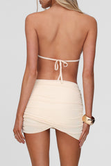 Ruched Solid Color Bodycon Halter Open Back Mini Dresses - Beige Pre Order