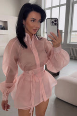 Lantern Sleeve See Through Tie Up Blouse Shorts Matching Set - Blue