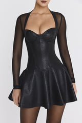Faux Leather Sheer Mesh Patchwork Corset A - Line Mini Dresses - Black