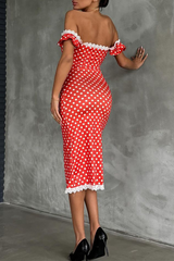Lace Trim Dropped Shoulder Polka Dot Print Slit Midi Dresses - Red