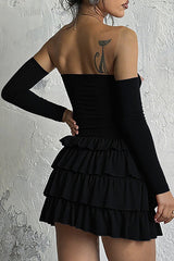 Eyelet Trim Strapless Layered Ruffled Mini Dresses Oversleeves Set - Black