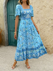 Holiday Light Blue Floral Print A-Line Maxi Dress