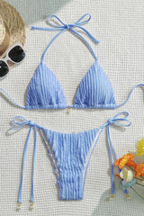 Wavy Textured Solid Color Halter Tie Up Bikini 2pcs Set - Green