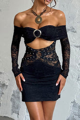 Off Shoulder Long Sleeve O - Ring Decor Cutout Bodycon Lace Mini Dresses - Black
