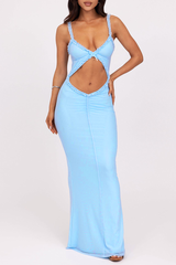 Frilled Trim Ruched Bodycon Bare Midriff Maxi Slip Dresses - Blue