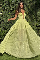 Plunge Neck Cutout Cinch Waist Glittering Slip Maxi Dresses