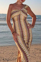 Abstract Striped Knit One Shoulder Bodycon Vacation Maxi Dresses - Yellow