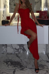 Tie Up Shoulder Straps Slim Fit Ruffled Irregular Midi Dresses - Red