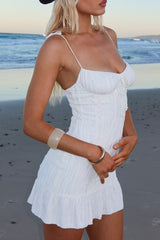 Tie Up Shoulder Straps Ruffled Hemline Textured Mini Dresses - White Pre Order