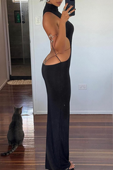 Stand Collar Sleeveless Cross Straps Backless Bodycon Maxi Dresses - Black