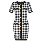 round neck dress with plaid waist cinching and slimming short sleeved knitted dress