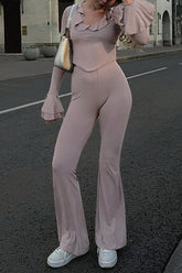 Ruffled Flare Sleeve Crop Top Solid Color Pants Matching Set - Thistle