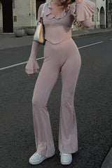 Ruffled Flare Sleeve Crop Top Solid Color Pants Matching Set - Thistle