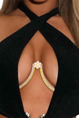 Floral Pearls Decor Rhinestone Body Chain - Gold