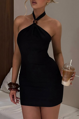 Halter Neck Bodycon Solid Color Mini Dresses - Burgundy