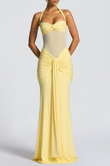Halter Neck Mesh Patchwork Ruched Streamer Slim Fit Maxi Dresses - Yellow