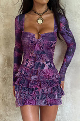 Irregular Neck Long Sleeve Mixed Print Layered Ruffled Mini Dresses - Purple