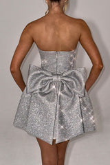 Glittering Bow Decor Tube A - Line Party Mini Dresses - Silver