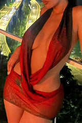 Halter Neck Crossover Design Bodycon Floral Print Mini Dresses - Red