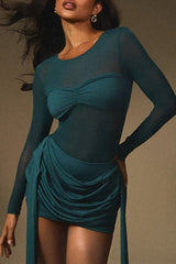 Mesh Patchwork Long Sleeve Ruched Fitted Sash Mini Dresses - Blue Pre Order