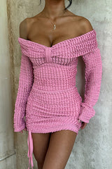 Textured Jacquard Solid Color Off Shoulder Long Sleeve Fitted Mini Dresses - Pink