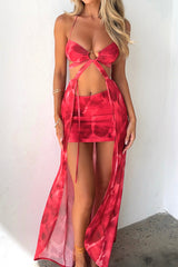 Pattern Print Sash Cut Out Halter Crop Top Vacation Mini Skirt Matching Set