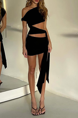 Off Shoulder Cutout Slim Fit Tie Up Streamer Sleeveless Mini Dresses - Black