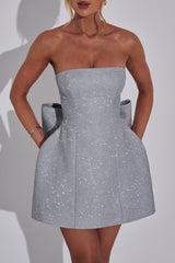 Glittering Bow Decor Tube A - Line Party Mini Dresses - Silver