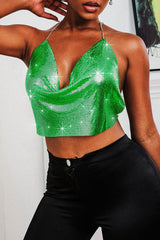 Cowl Neckline Sequin Party Shimmery Halter Crop Top - Gold