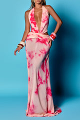 Tie Dye Print Deep V Neck Halter Slim Fit Maxi Dresses - Pink Pre Order