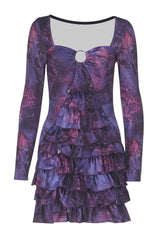 Irregular Neck Long Sleeve Mixed Print Layered Ruffled Mini Dresses - Purple