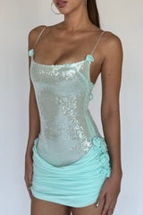 Sequin Patchwork 3D Flower Ruched Slip Mini Dresses - MintGreen