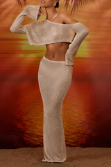 Flare Sleeve Crop Top Knit Slim Fit Maxi Skirt Matching Set - Brown