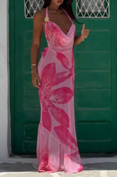 Halter Cowl Neckline Floral Print Slit Maxi Dresses - Pink Pre Order