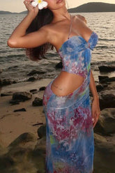 Floral Print Strapless Cutout Bodycon Maxi Dresses Blue