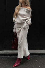 Off Shoulder Long Sleeve Sweater Textured Knit Maxi Skirt Matching Set - Beige
