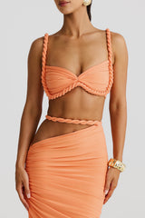 Braided Crop Cami Ruched High Slit Maxi Skirt 2pcs Set - Orange