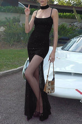 Shimmering Bodycon See Through Mesh Patchwork Hem Slip Maxi Dresses - Black