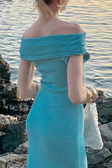 Knit Off Shoulder Draped Sleeve Solid Color Maxi Dresses - Blue