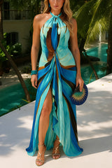 Halter Placement Print High Slit Vacation Maxi Dresses - Blue