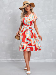 Hot Sale Printed Tie Short Sleeve Dress