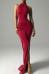 Sleeveless High Neck Ruched Slit Bodycon Maxi Dresses - Red