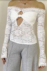 Off Shoulder Twisted Knot Cutout Floral Lace Long Sleeve Top - White