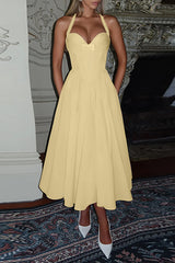 Halter Neck Corset Design Solid Color A - Line Midi Dresses - Yellow